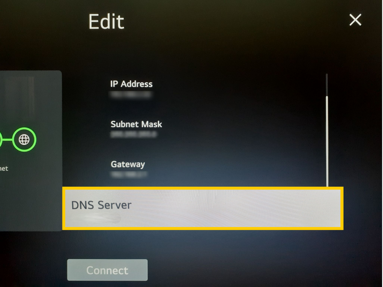 LG TV network settings menu showing DNS Server option selected for editing.