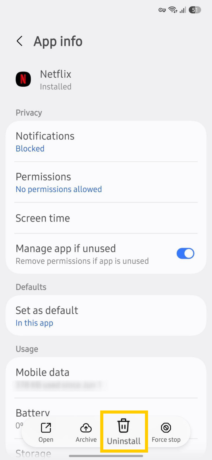 App uninstall button on Android.