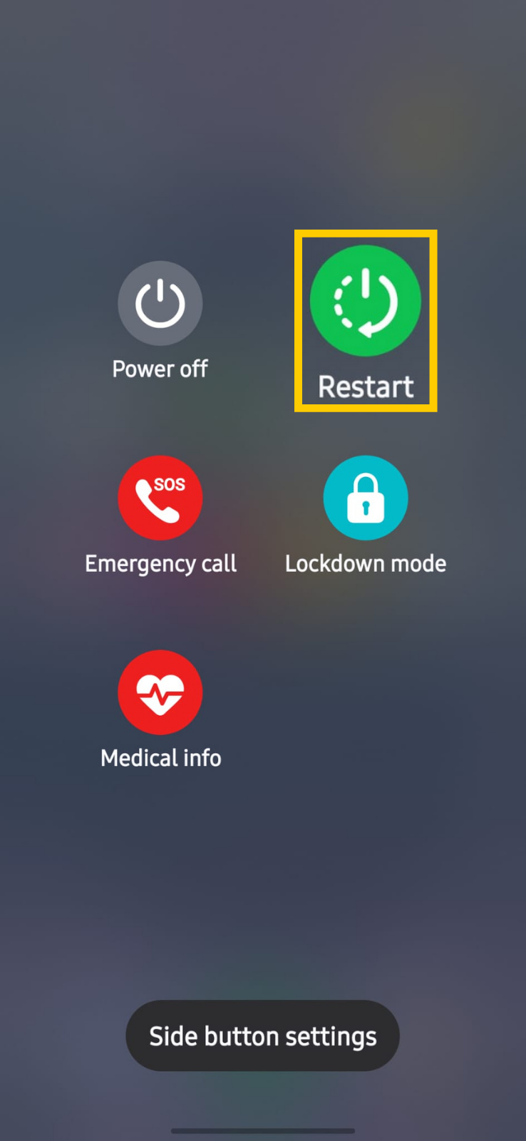Android Power Menu showing the phone restart button.