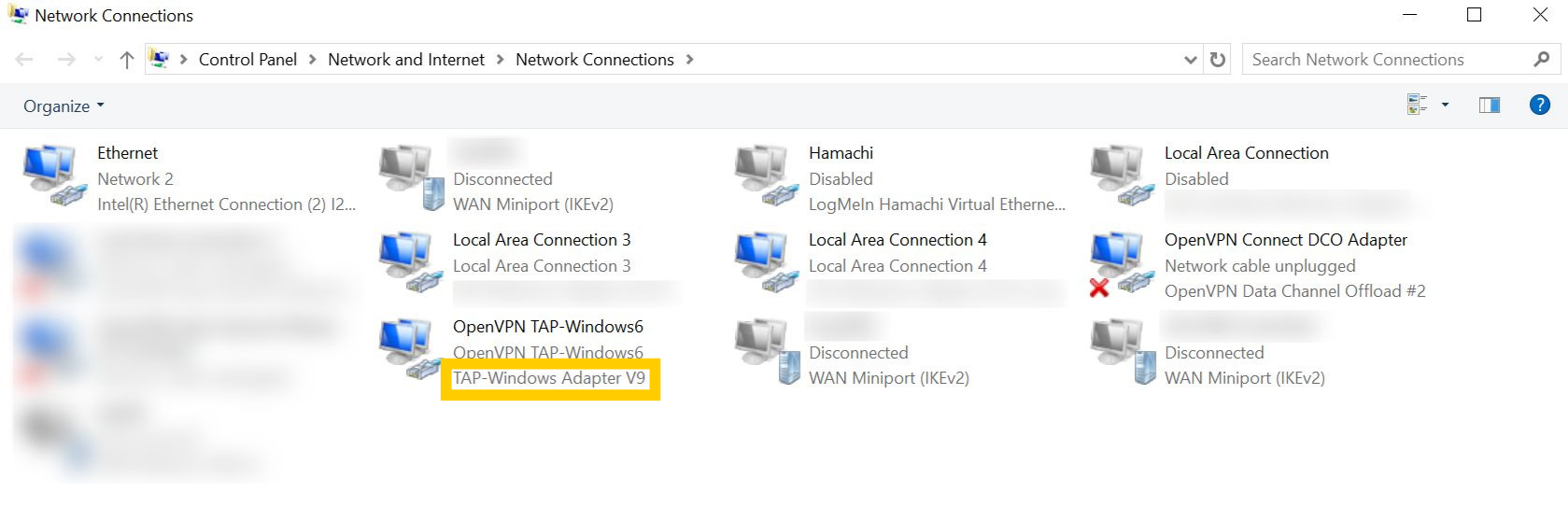 Network Connections page on Windows 10. A TAP adapter is highlighted.