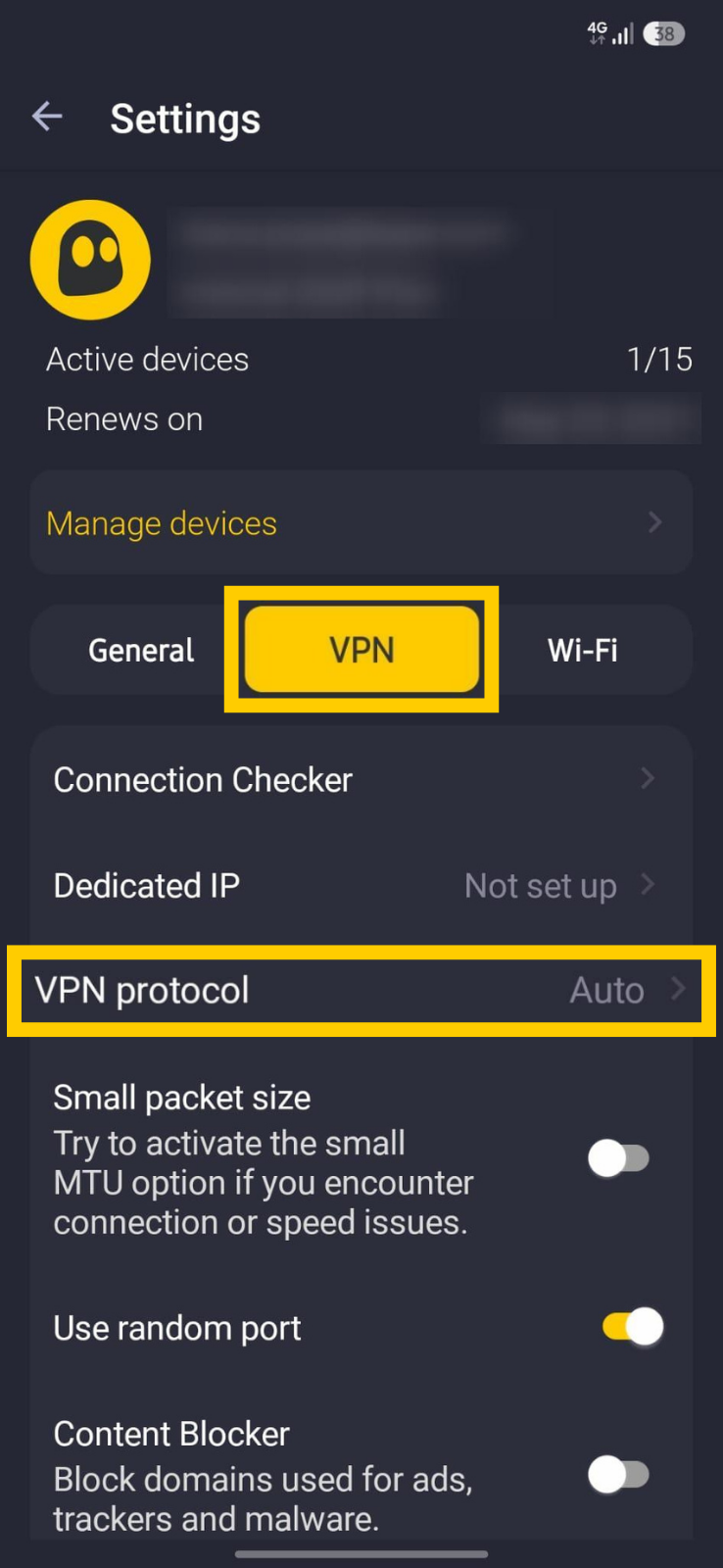 VPN protocol settings menu inside the CyberGhost VPN app.