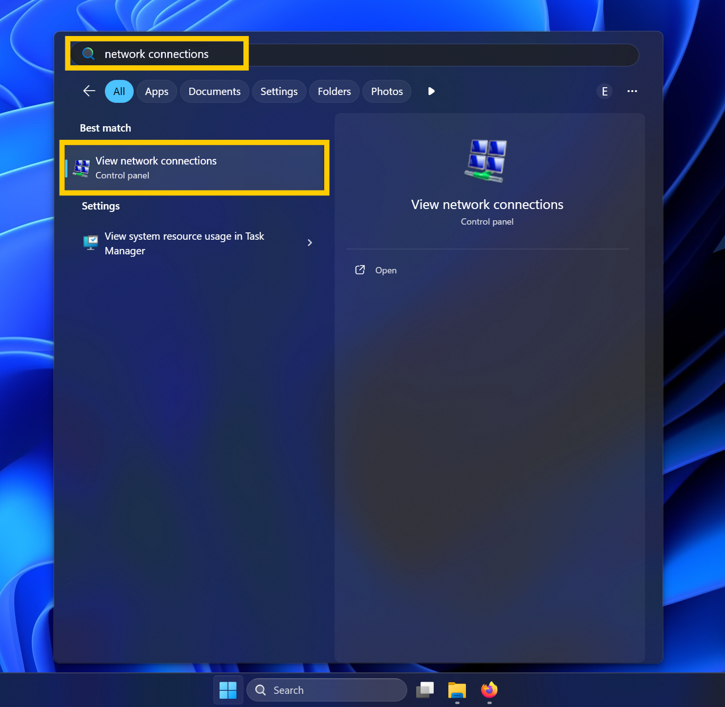 Windows 11 search bar with the term "network connections" entered and the "View network connections" option highlighted in a yellow box.
