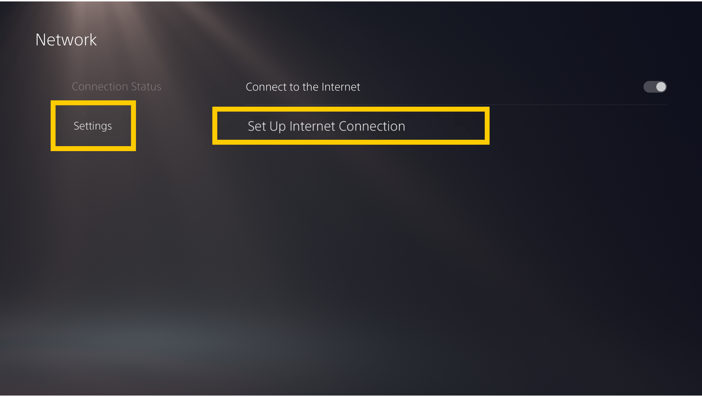 The PlayStation 5 network settings screen, with the "Set Up Internet Connection" option highlighted in a yellow box.
