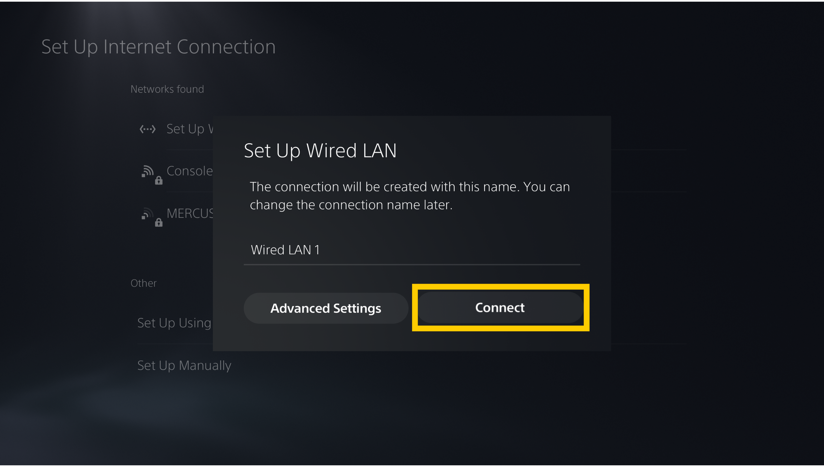 The "Set Up Wired LAN" dialog box on a PlayStation 5, with the "Connect" button highlighted in a yellow box.