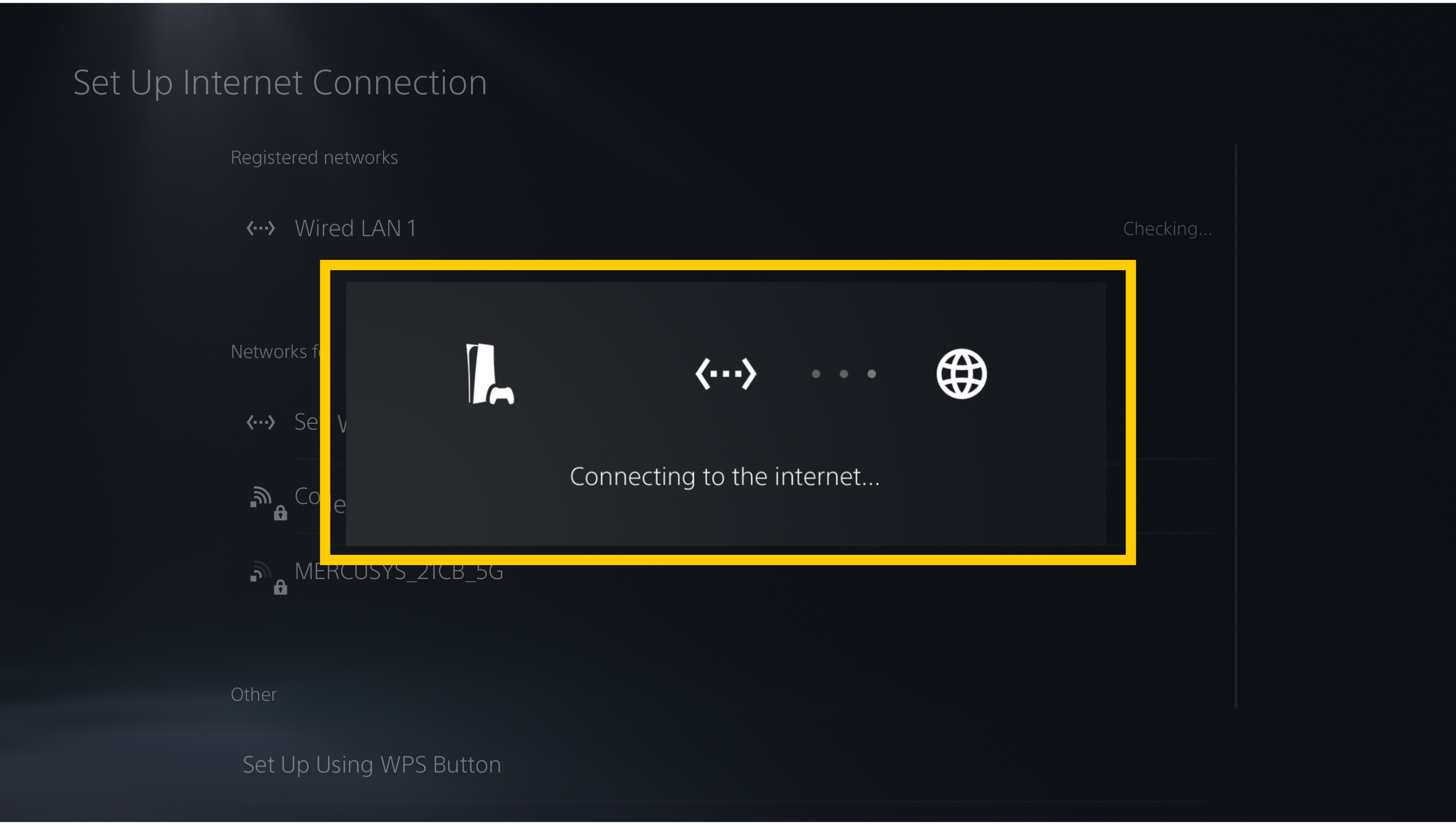 The PlayStation 5 network connection screen displaying a pop-up window in a yellow box, indicating that the console is currently "Connecting to the internet."