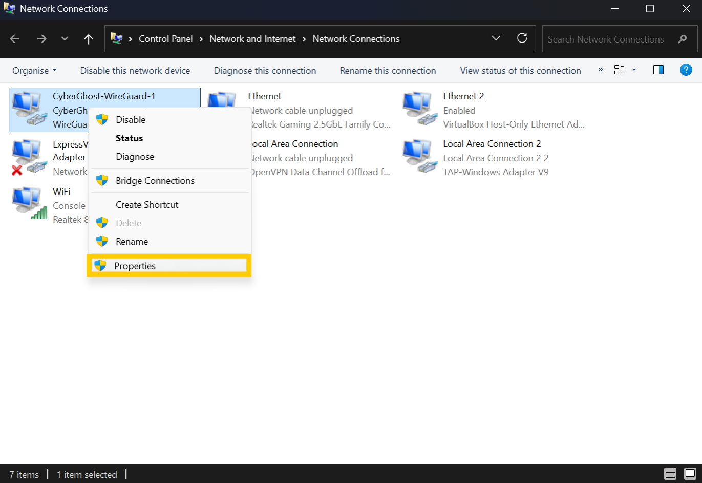 The Network Connections control panel window in Windows, displaying various network adapters.