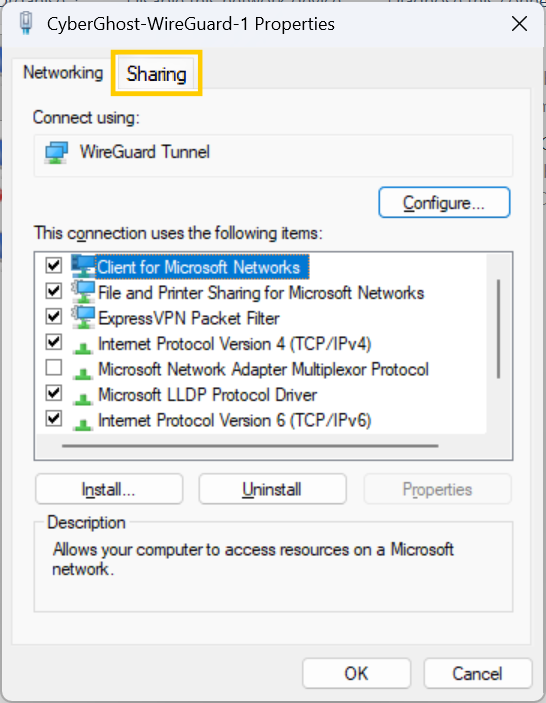 The properties window for a specific connection, with the "Sharing" tab highlighted in a yellow box at the top.