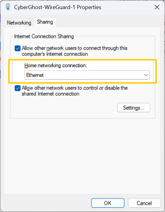 The "Sharing" tab in Windows, with the "Home networking connection" dropdown menu highlighted in a yellow box.