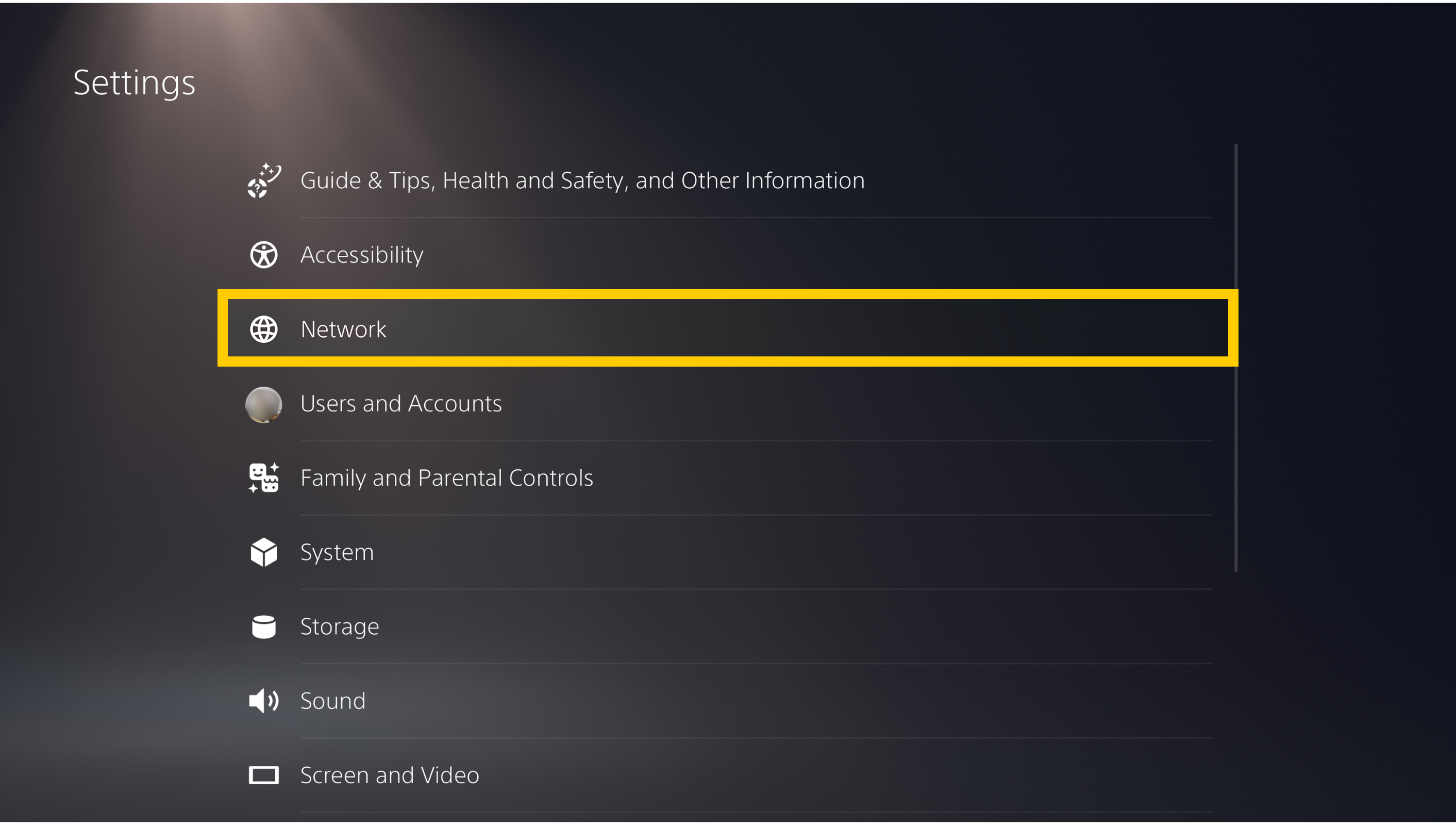 The PlayStation 5 settings menu, with the "Network" option highlighted in a yellow box.