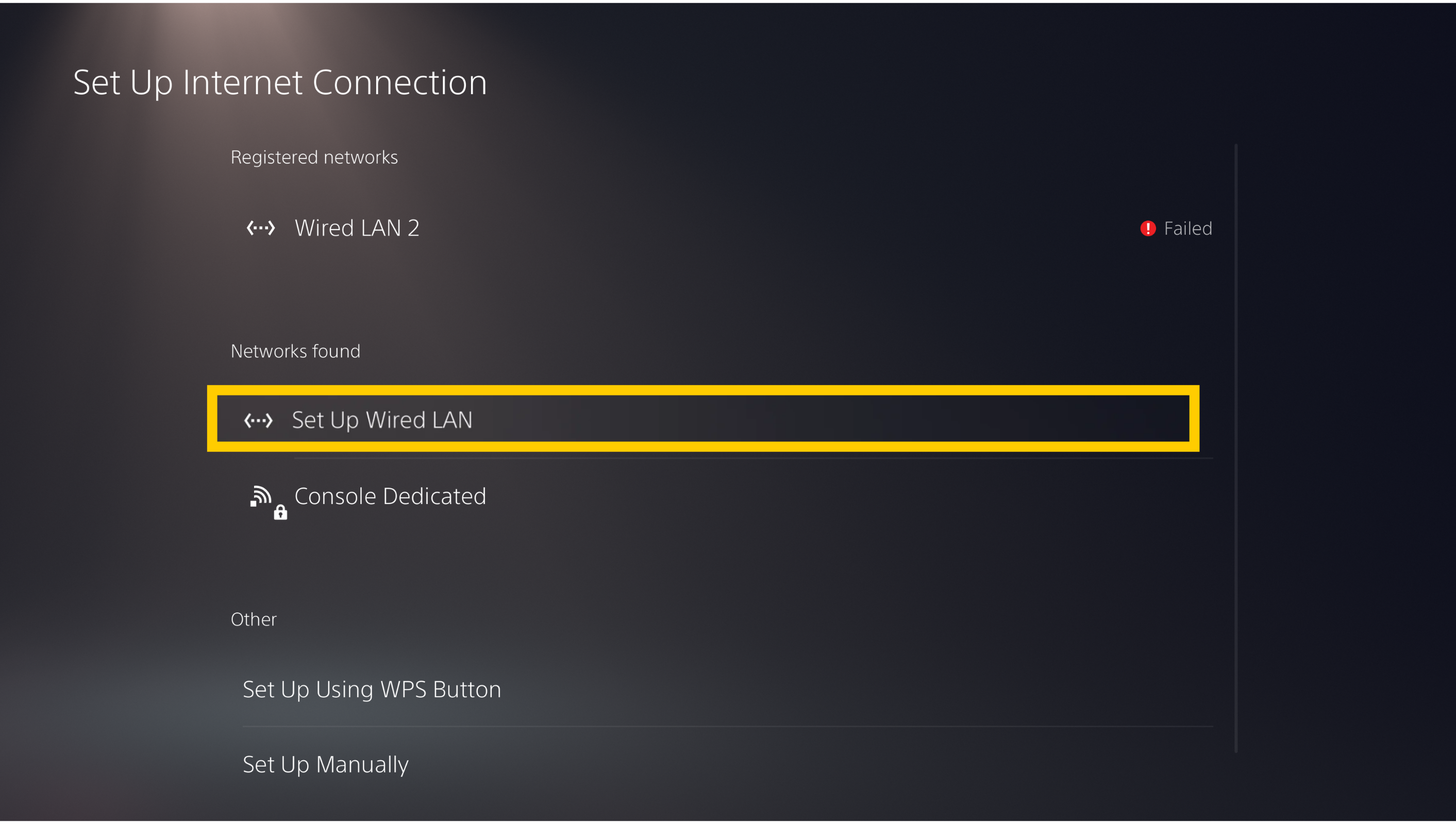 The "Set Up Internet Connection" menu on a PlayStation 5, with the "Set Up Wired LAN" option highlighted in a yellow box