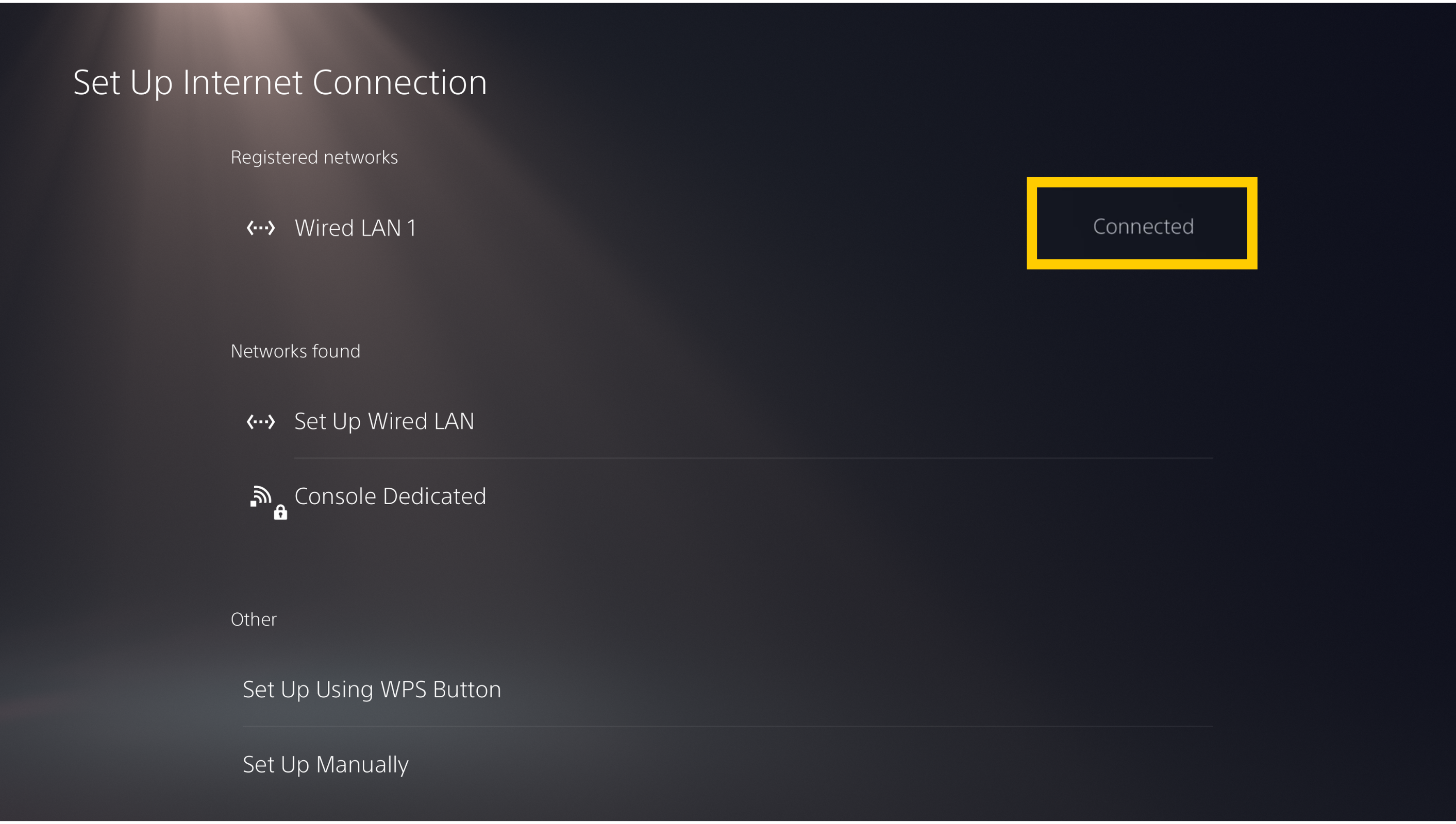 The PlayStation 5 "Set Up Internet Connection" screen showing a successful connection, with the "Connected" status highlighted in a yellow box next to "Wired LAN 1."