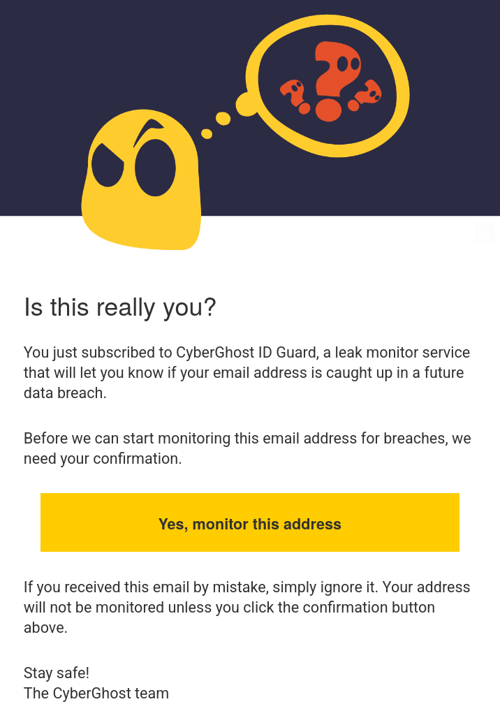 CyberGhost VPN confirmation email to enable CyberGhost ID guard.