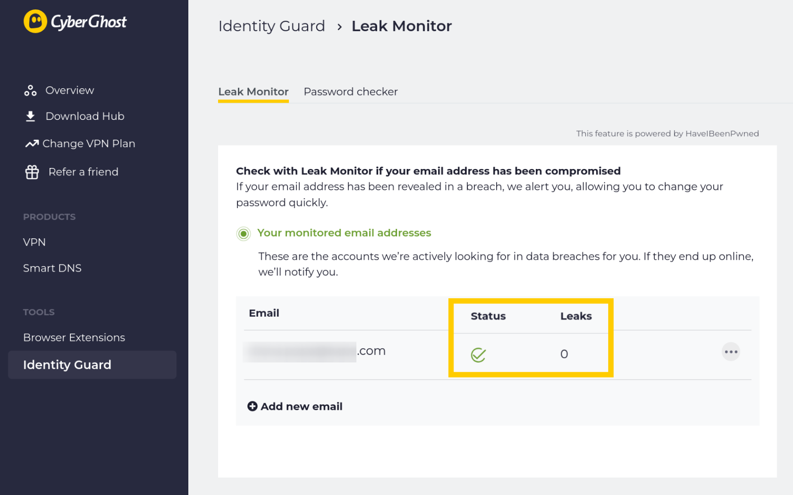 A verified email address monitored by CyberGhost ID guard, showing previous data leaks.