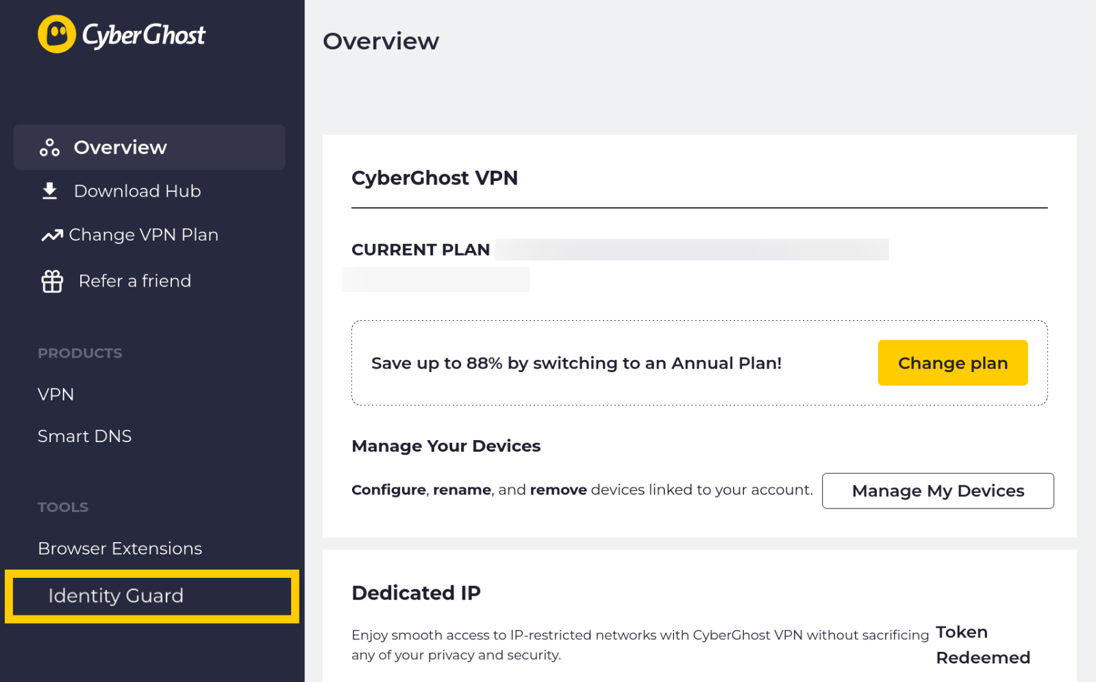 Identity Guard feature menu in the CyberGhost VPN web dashboard.