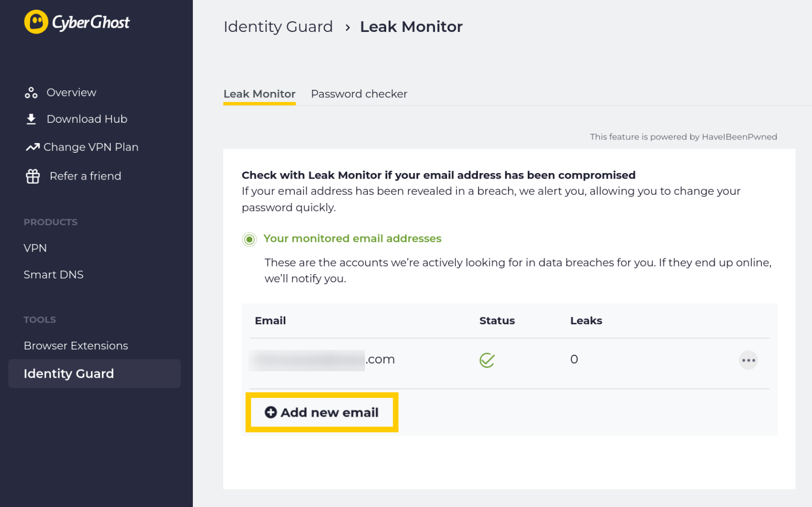 Adding a second email address to CyberGhost ID Guard.