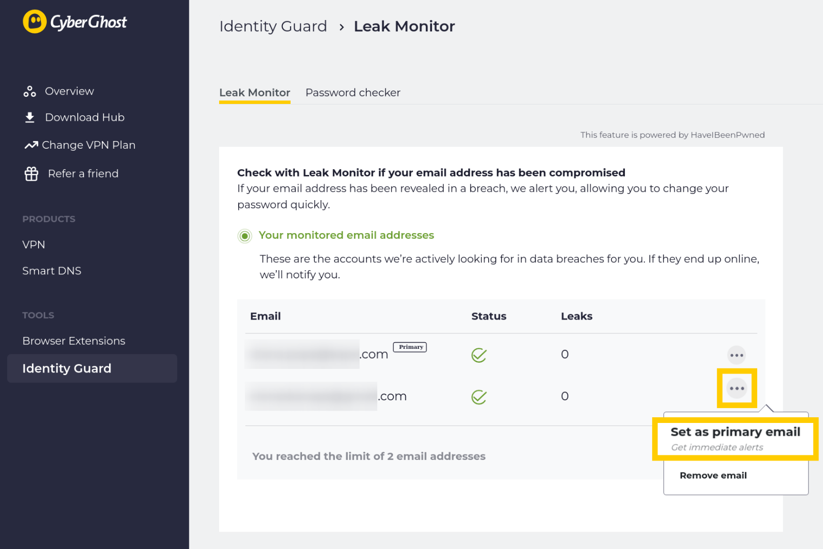 Setting a primary email in CyberGhost ID Guard.