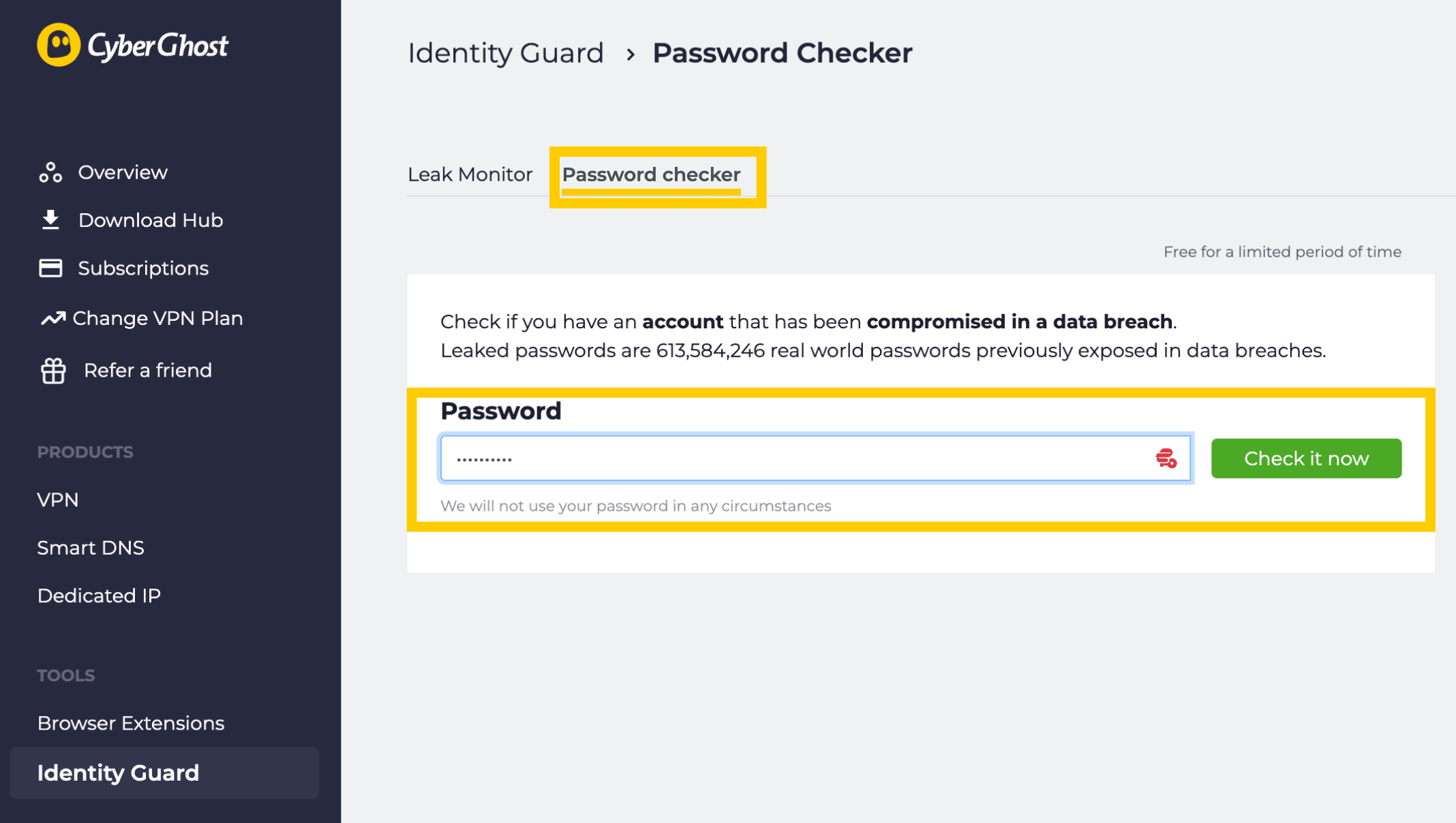 CyberGhost Identity Guard password checker