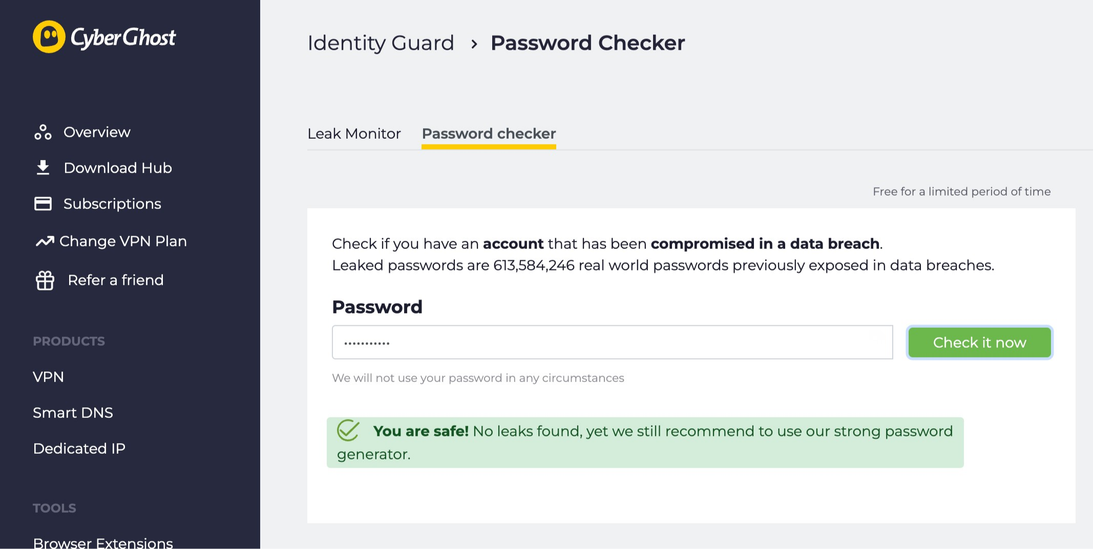CyberGhost Identity Guard password checker no leaks
