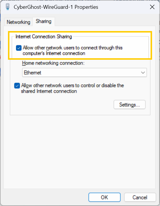 The "Sharing" tab within a Windows connection properties window.