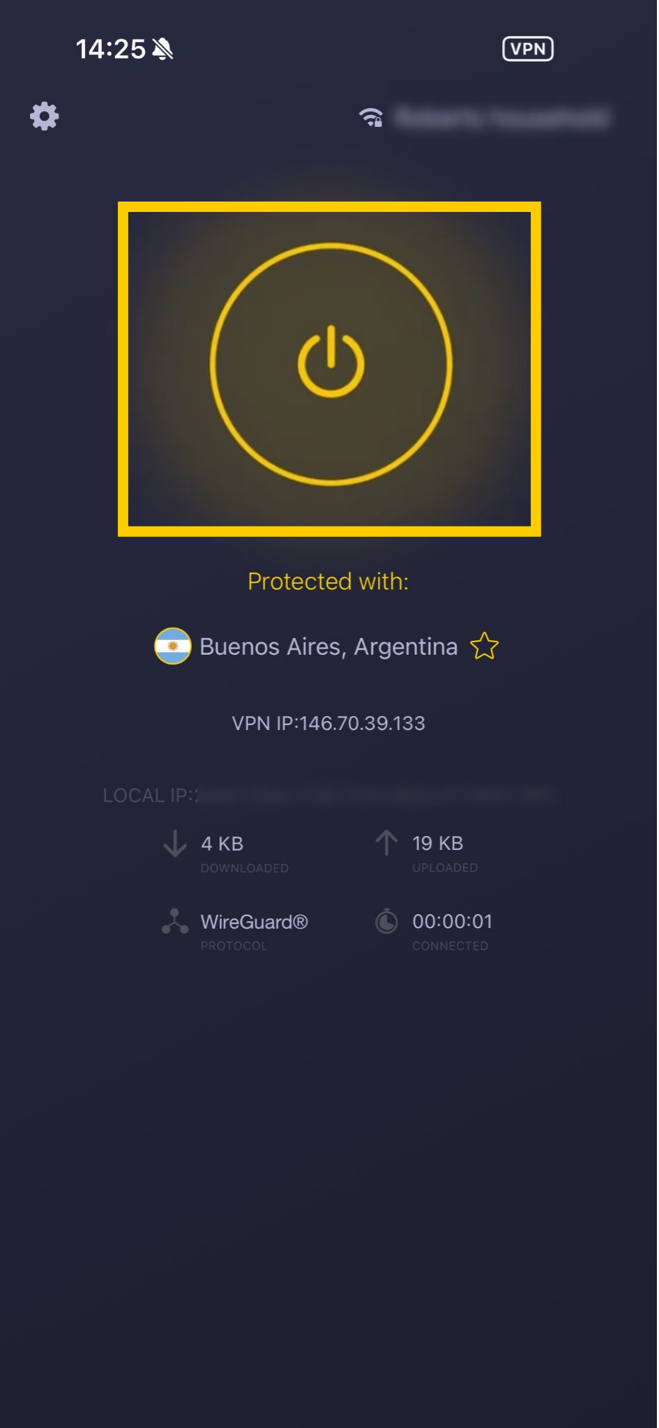 CyberGhost app home screen showing connection to a server and power button highlighted.