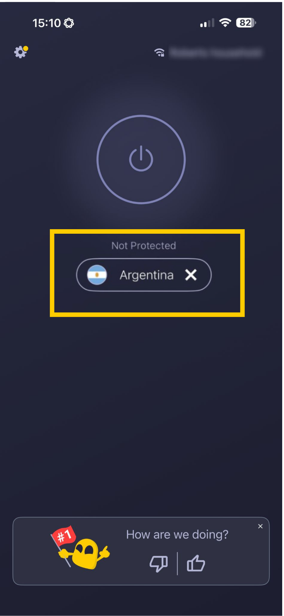 CyberGhost VPN home screen showing previous server location highlighted.