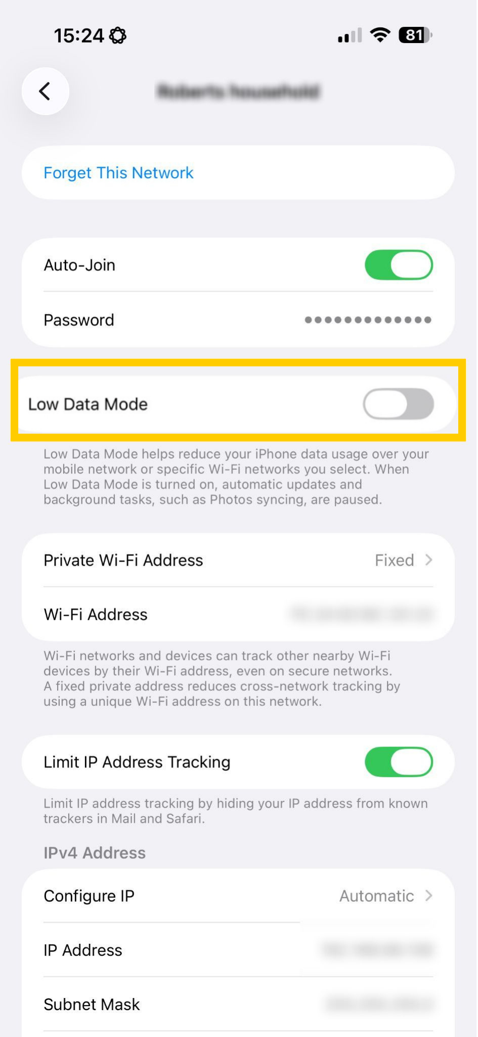 iOS Wi-Fi settings showing Low Data Mode highlighted.