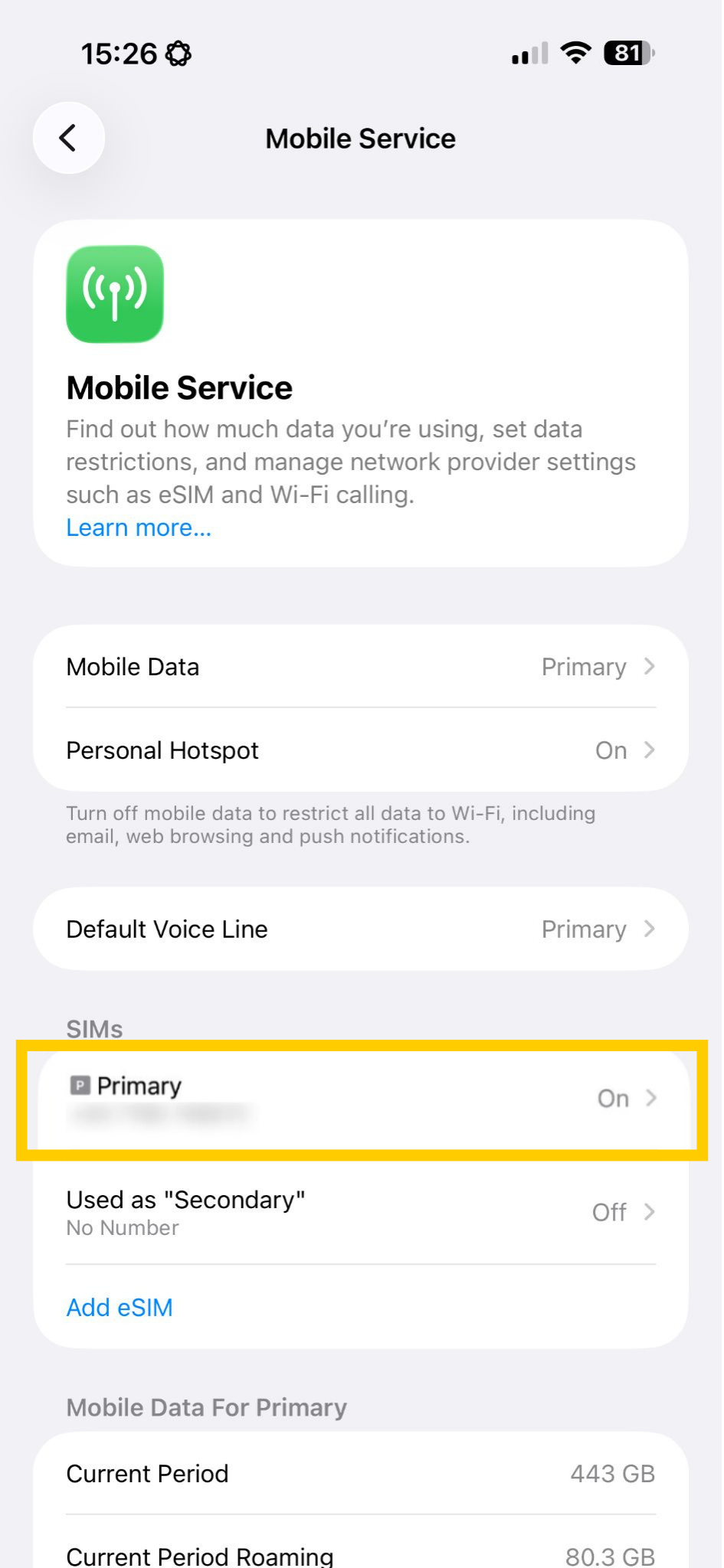 iOS Mobile Service settings showing Primary SIMs highlighted.