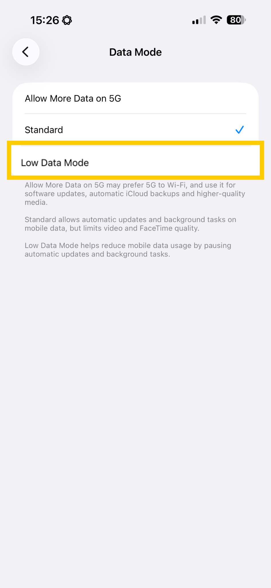 iOS Mobile Carrier data mode settings showing Low Data Mode highlighted.