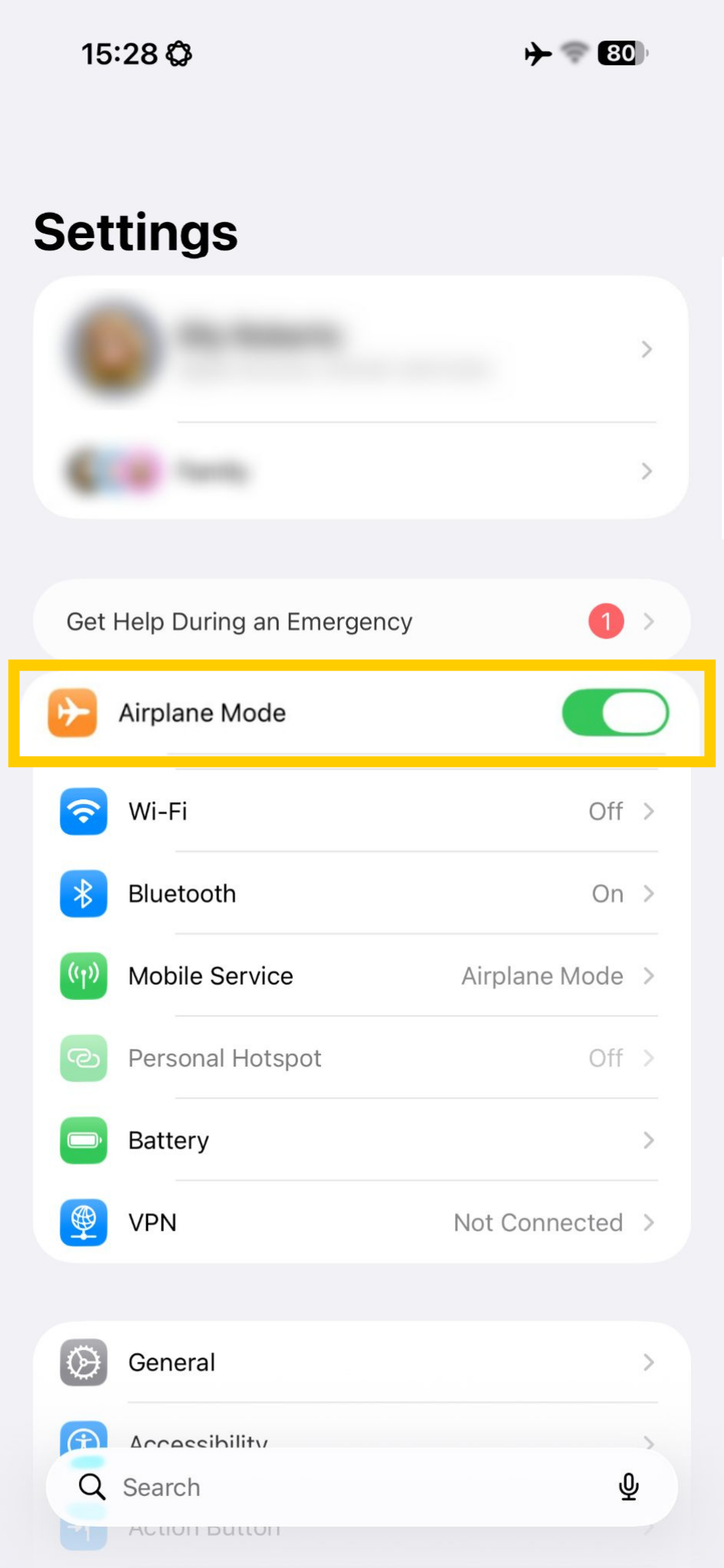 iOS settings showing Airplane Mode turned on.