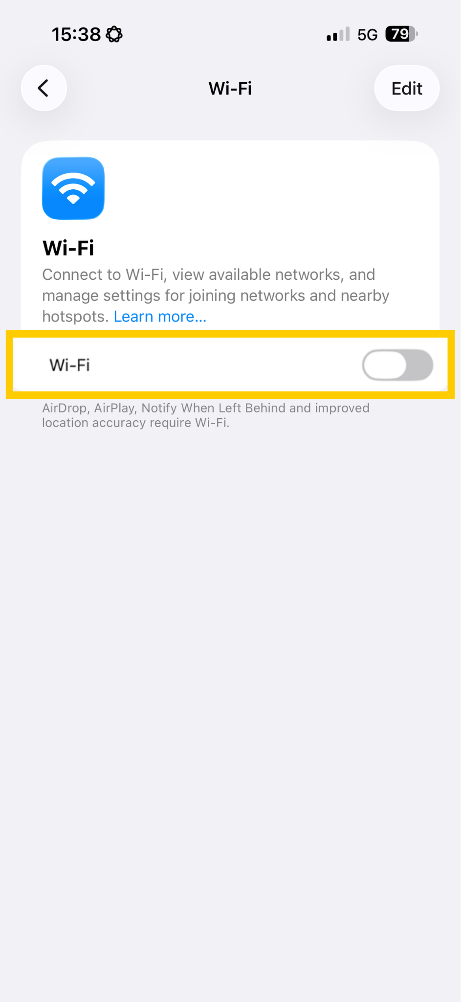 iOS Wi-Fi settings showing Wi-Fi turned off.