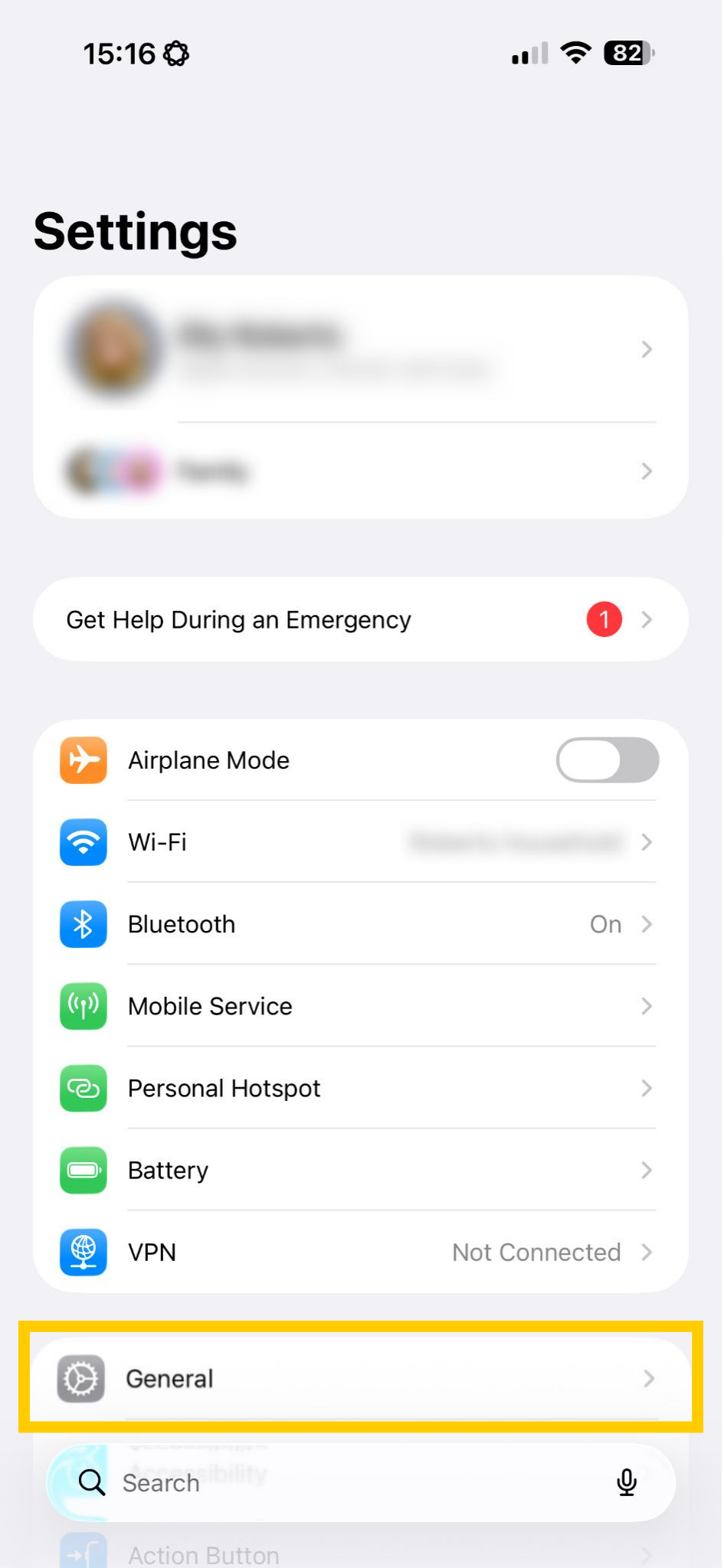 iOS settings showing General highlighted.