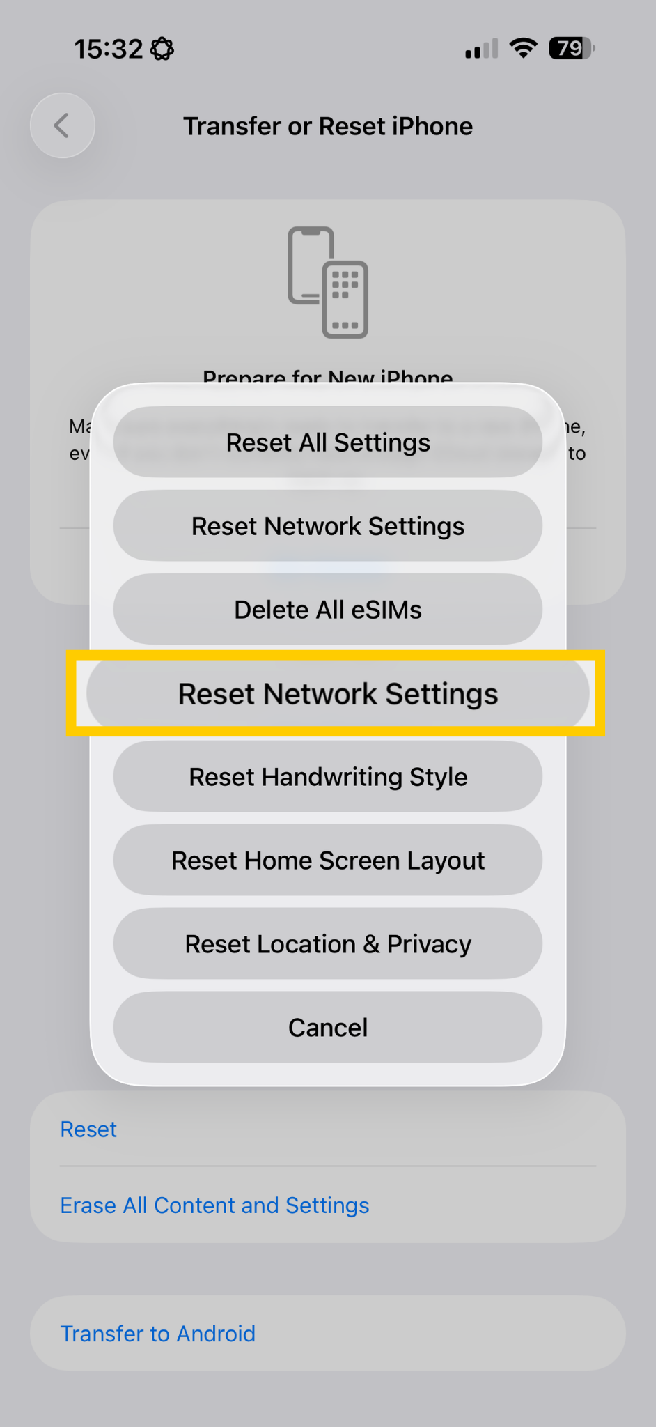 iOS reset device settings showing Reset Network Settings highlighted.