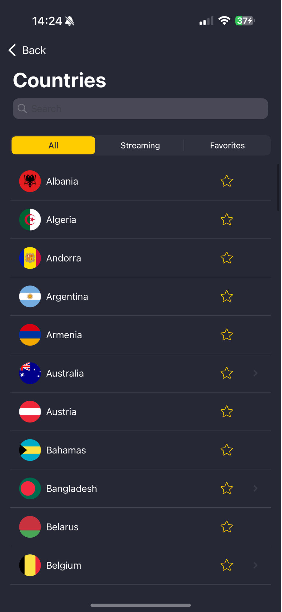 CyberGhost VPN list of servers.