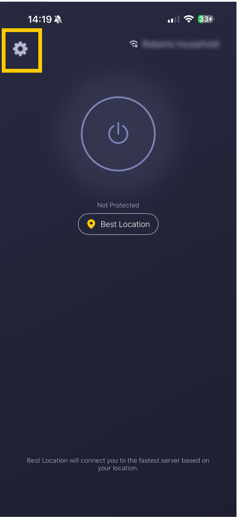 CyberGhost VPN home screen showing settings icon highlighted.