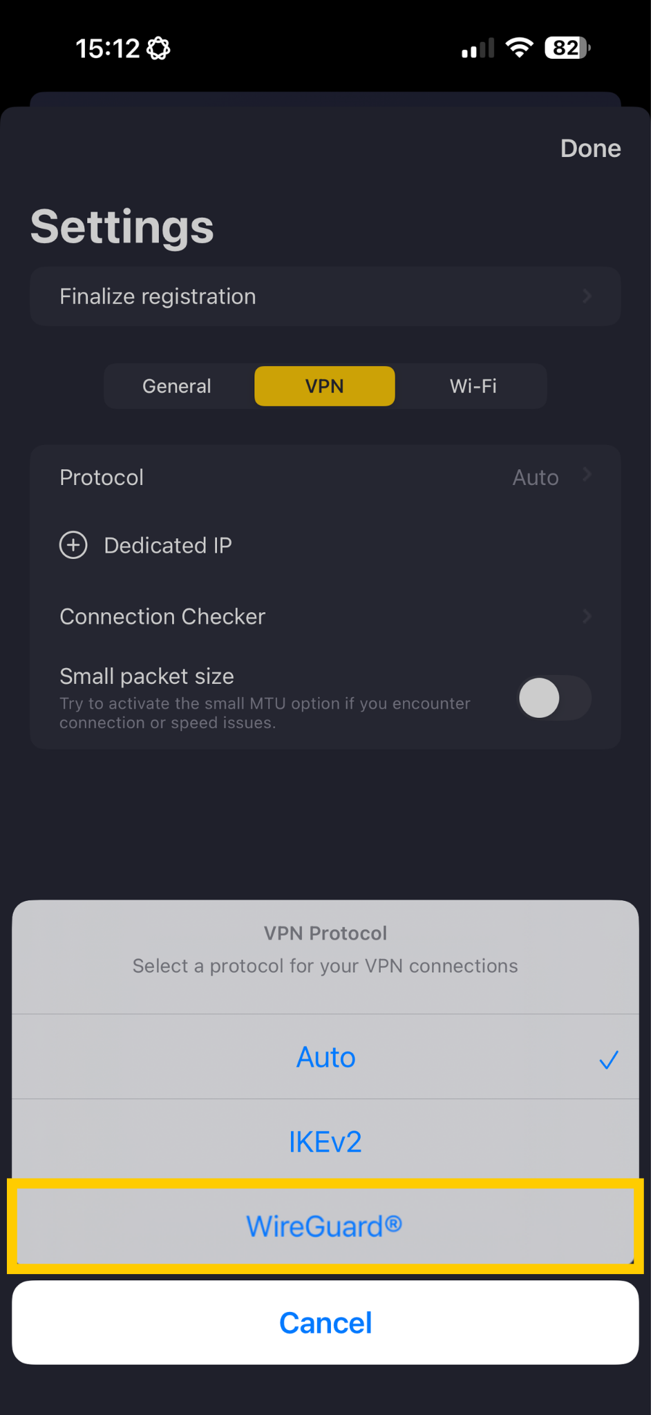 CyberGhost VPN protocol settings showing WireGuard highlighted.