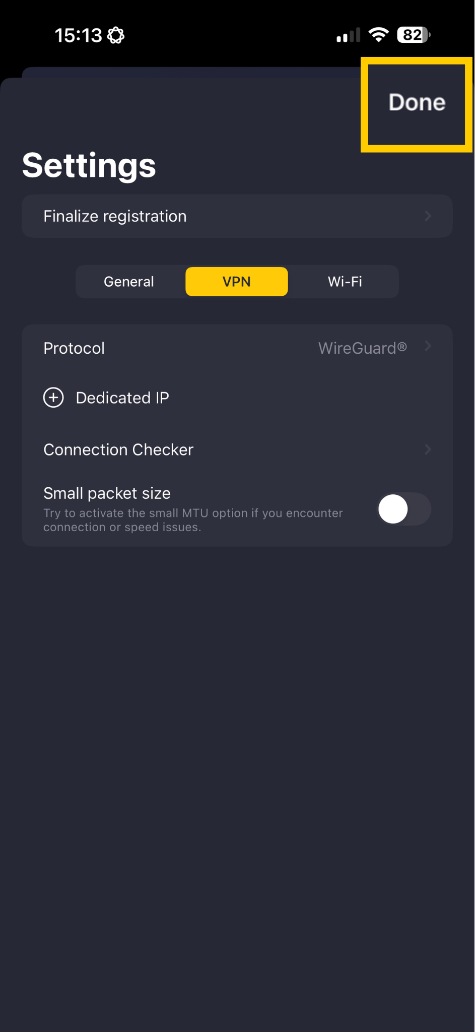 CyberGhost VPN settings showing Done button highlighted.