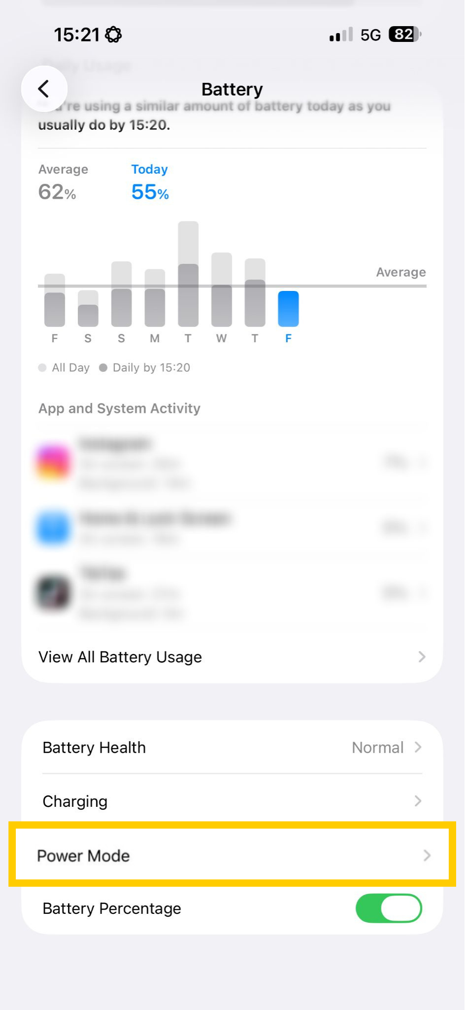 iOS Battery settings showing Power Mode highlighted.