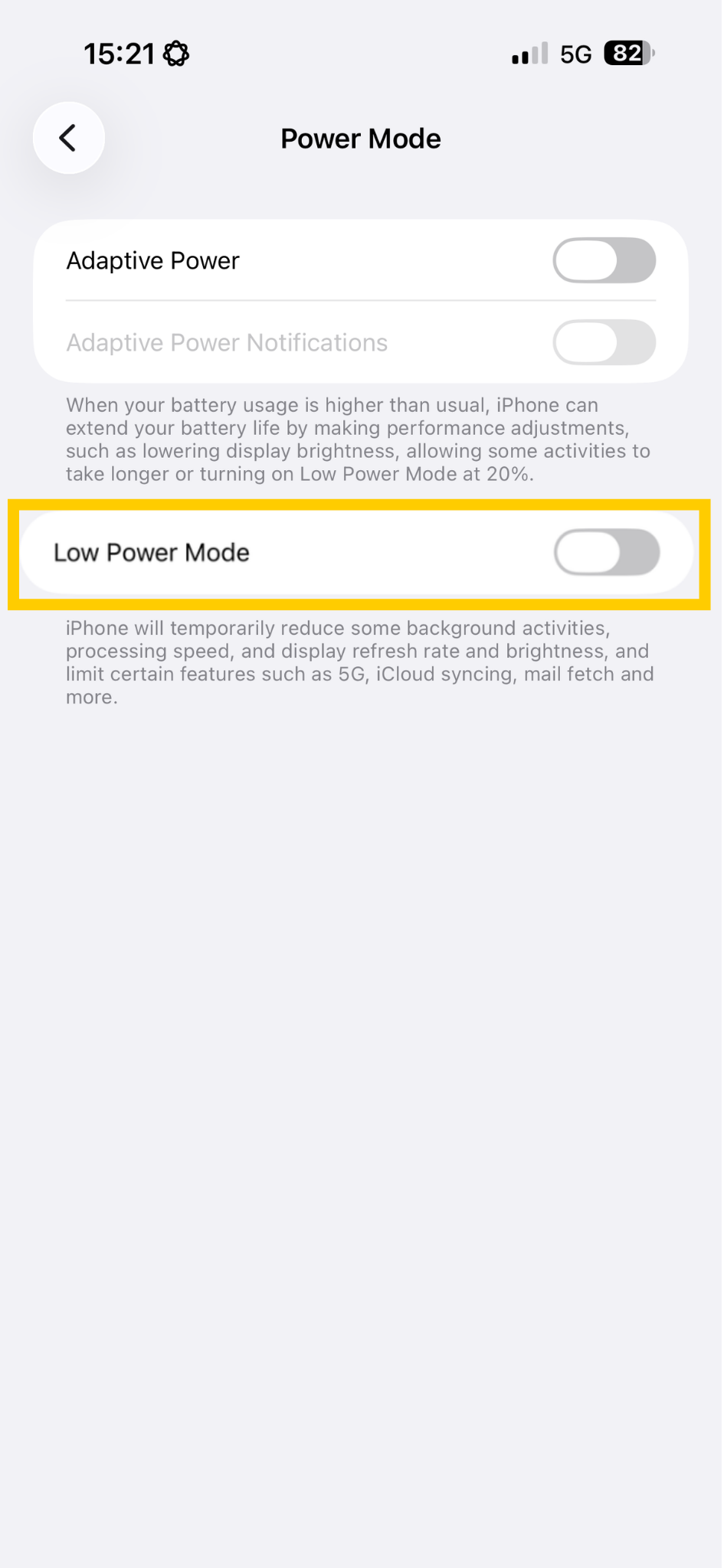 iOS Power Mode settings showing Low Power Mode highlighted.