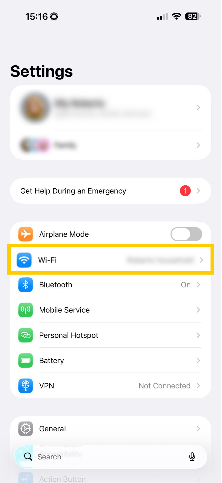 iOS settings showing Wi-Fi highlighted.