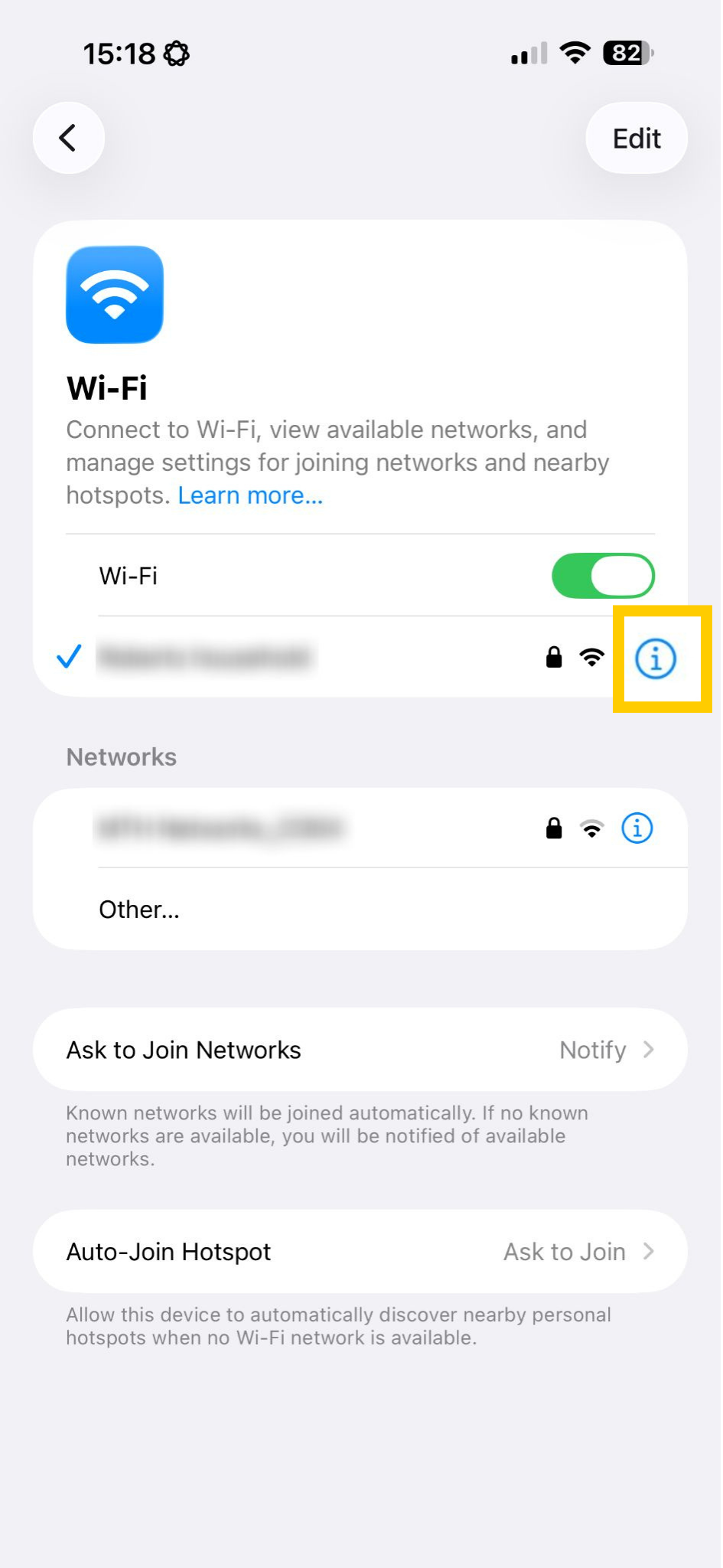 iOS Wi-Fi settings showing information icon highlighted.