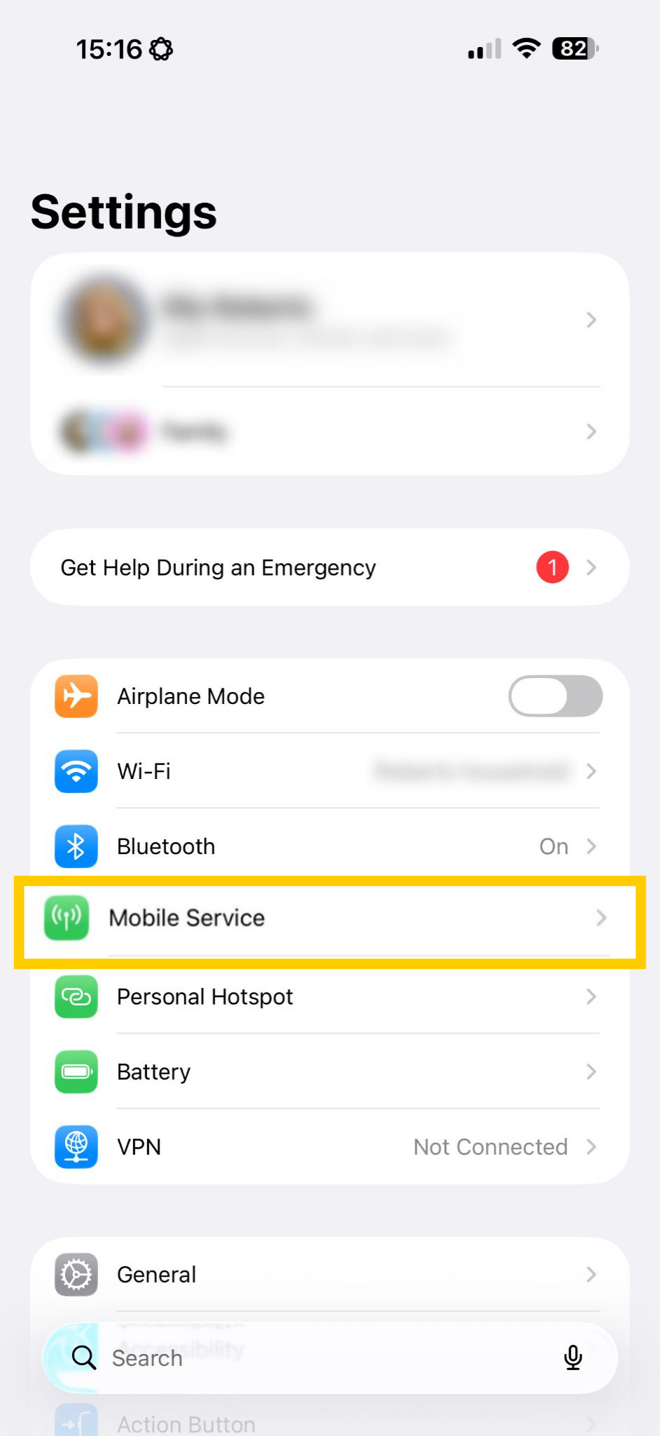 iOS settings showing Mobile Service highlighted.