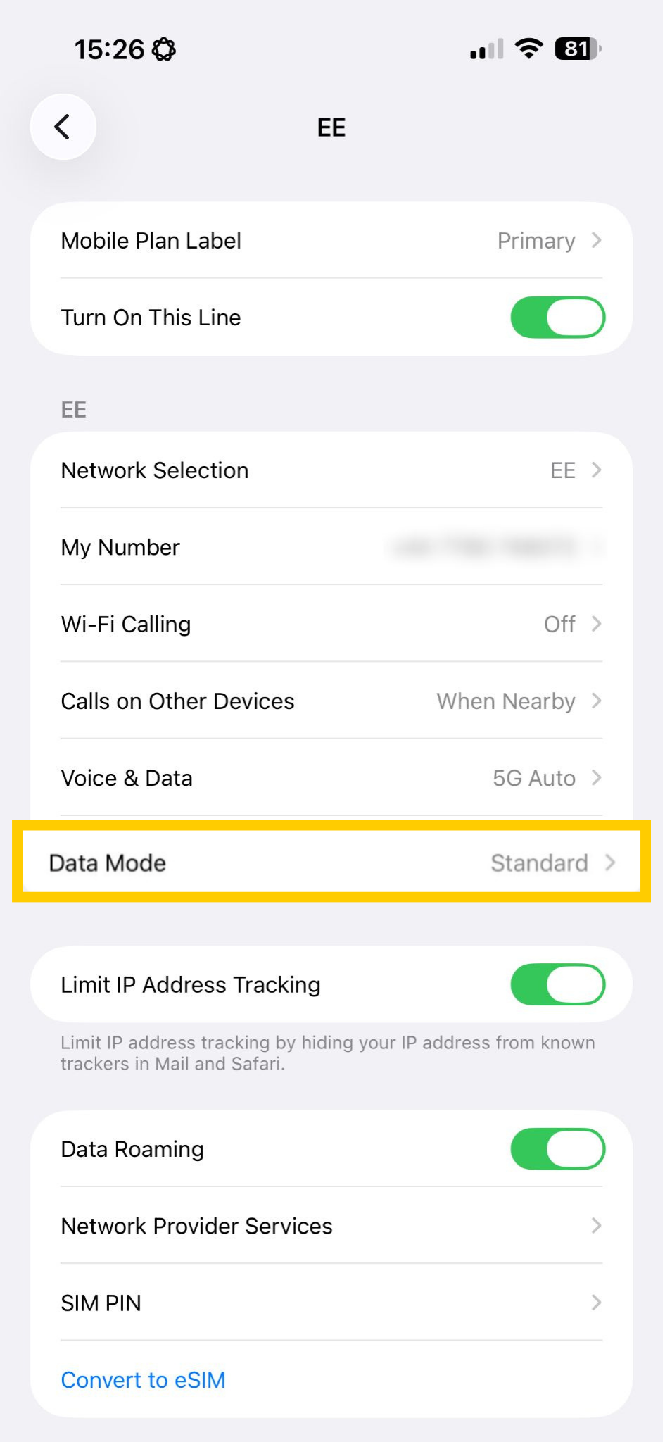 iOS Mobile Service settings showing Data Mode highlighted.