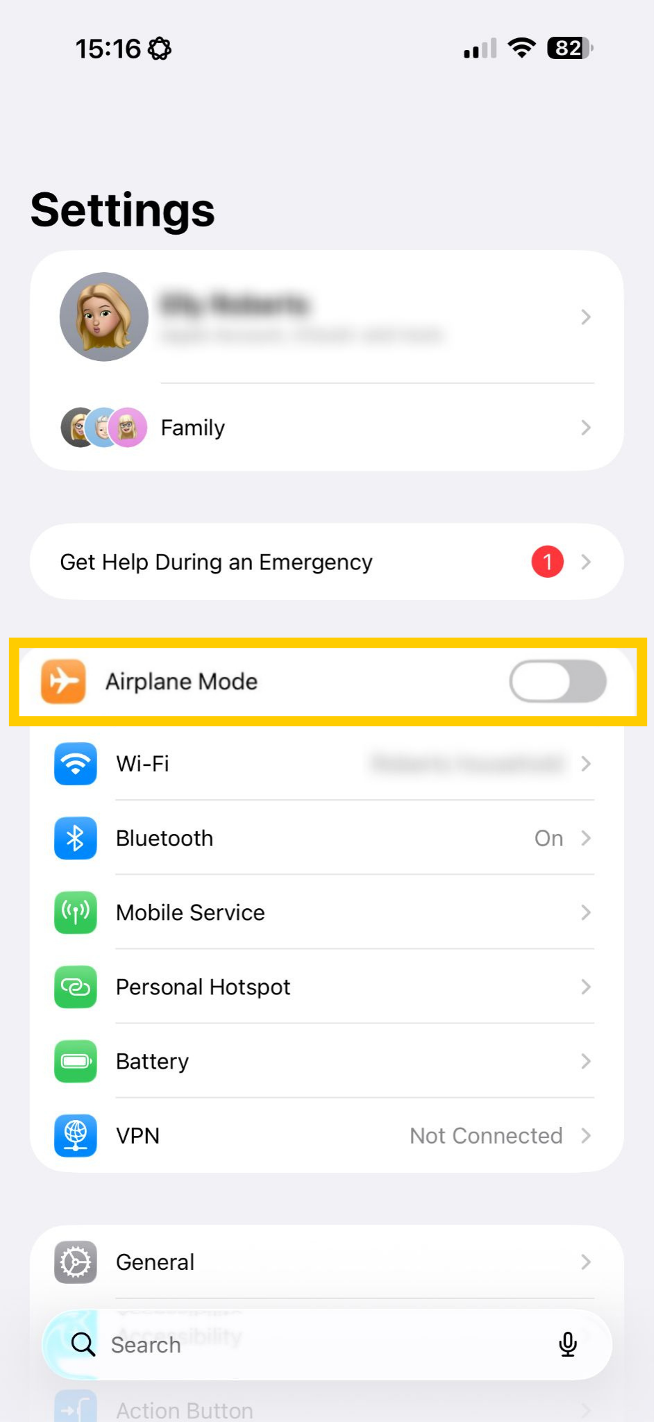 iOS settings showing Airplane Mode turned off.