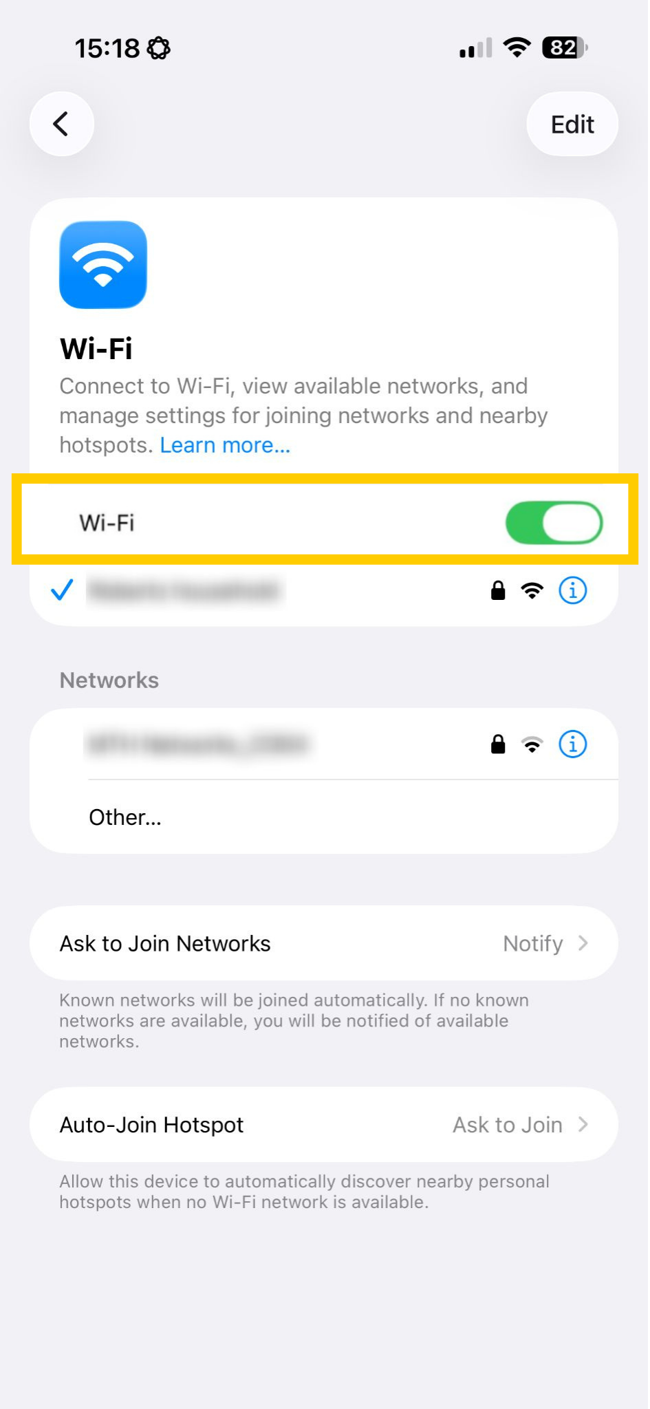 iOS Wi-Fi settings showing Wi-Fi turned on.