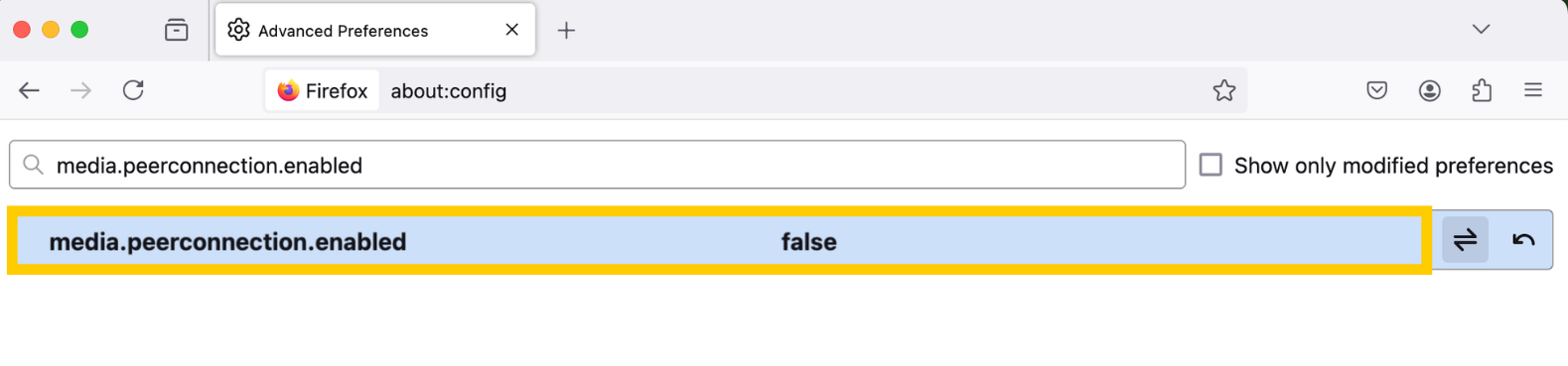 Firefox browser showing media.peerconnection.enabled selected as false.