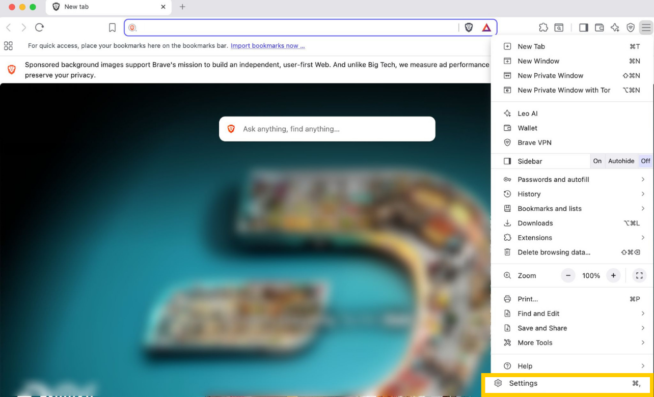 Brave browser side bar showing Settings highlighted.