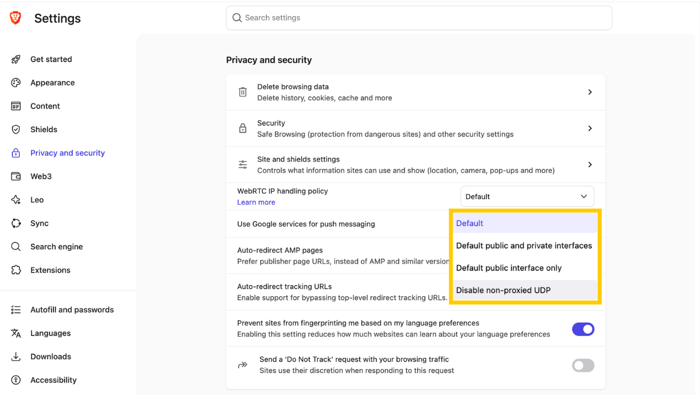  Brave browser WebRTC settings showing drop-down highlighted.