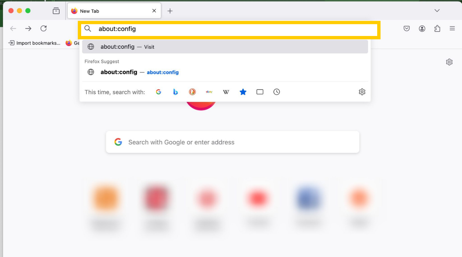 Firefox browser showing about:config in address bar highlighted.