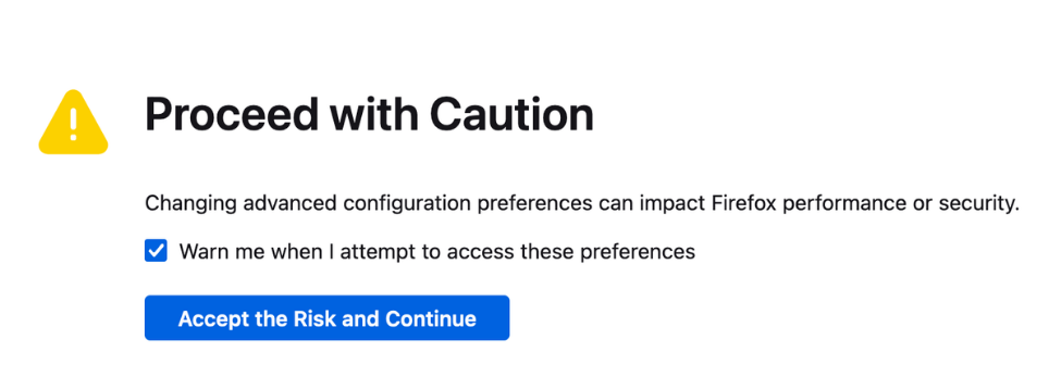 Firefox browser changing advanced configurations pop-up.