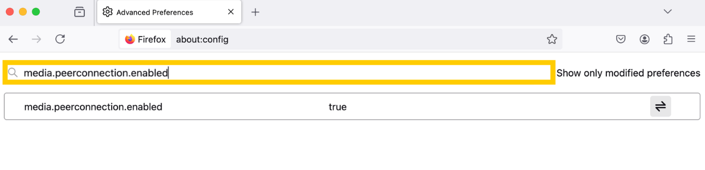Firefox browser showing media.peerconnection.enabled in address bar highlighted.